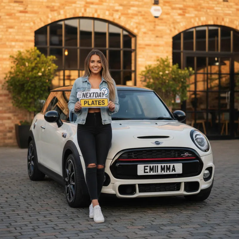 Customer holding their NextDay Plates number plates next to their car