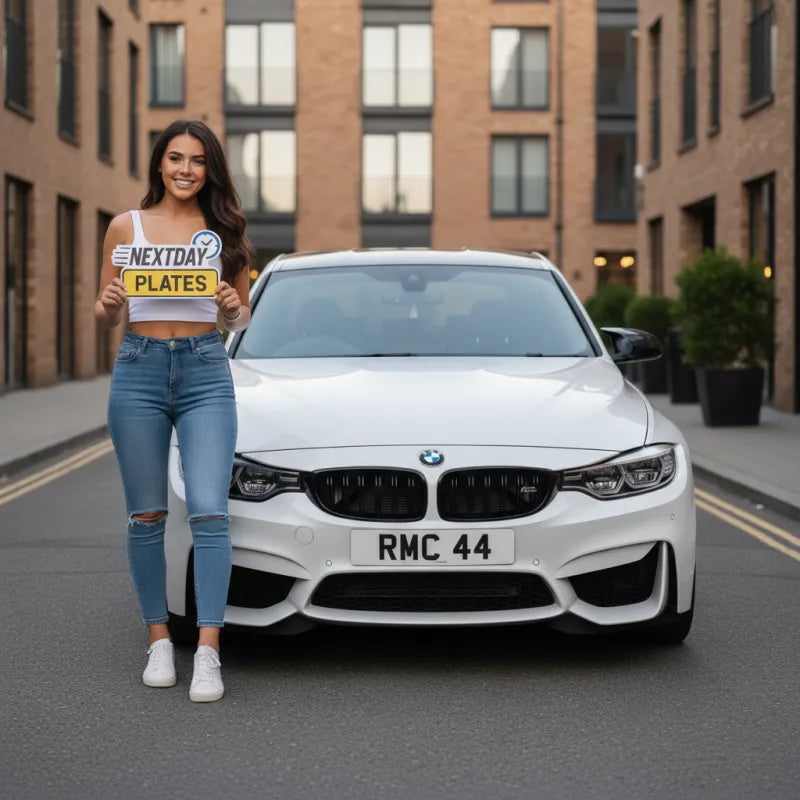 Customer holding their NextDay Plates number plates next to their car