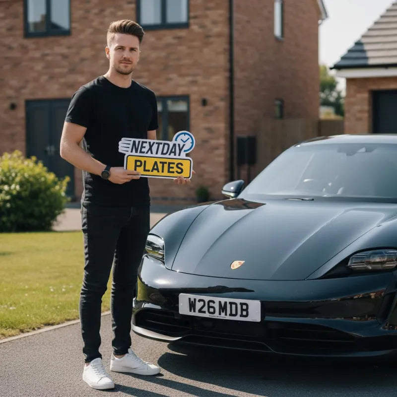 Customer holding their NextDay Plates number plates next to their car