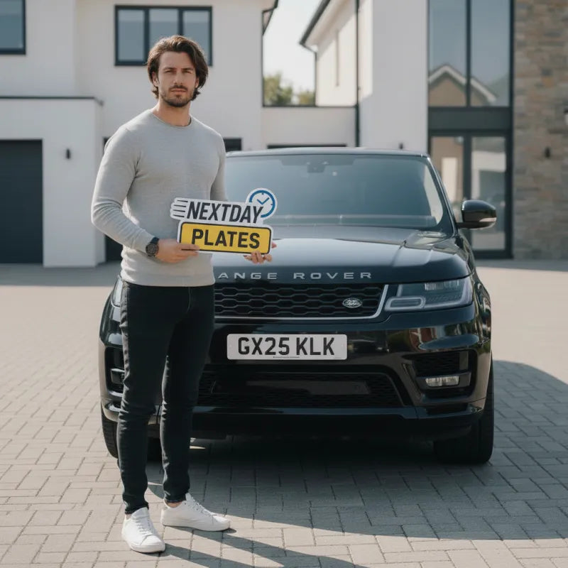 Customer holding their NextDay Plates number plates next to their car